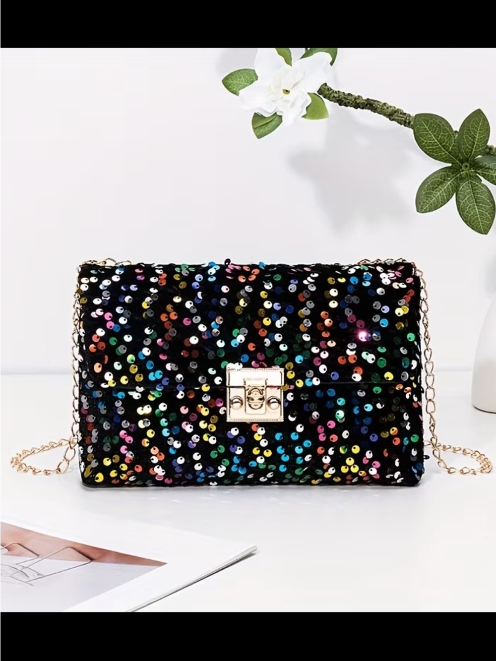 Affordable Fashion Finds Black Sequin Shoulder Bag with Multicolor Sparkle